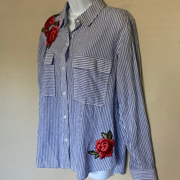 Rails Medium Frances Button Up Banker Stripe Floral Patches Blouse Embroidered - Picture 5 of 16